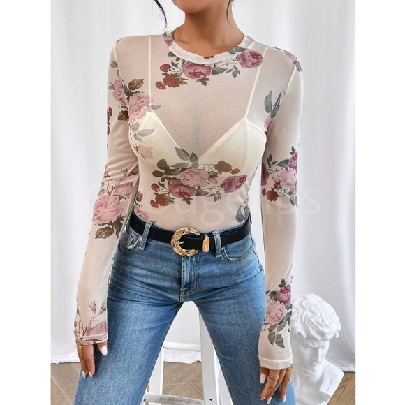 White Floral Print Mesh Sheer Shirt Top Long Sleeve See-Through, Transparent - Picture 4 of 7